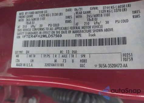 2021 Ford Ranger Xlt из США, поврежденный, VIN 1FTER4FH2MLD57569